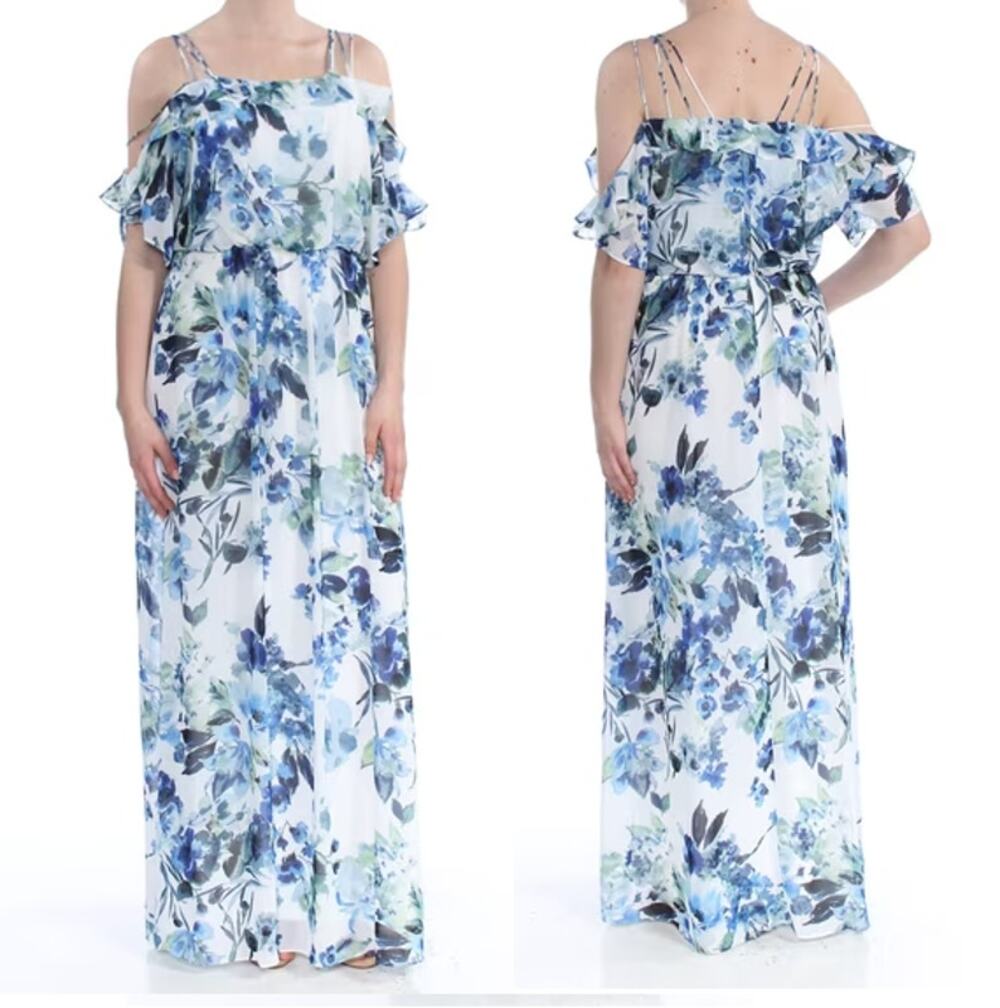 Ralph Lauren Lauren Floral Cold Shoulder Maxi Formal Dress White Blue 14 NWT